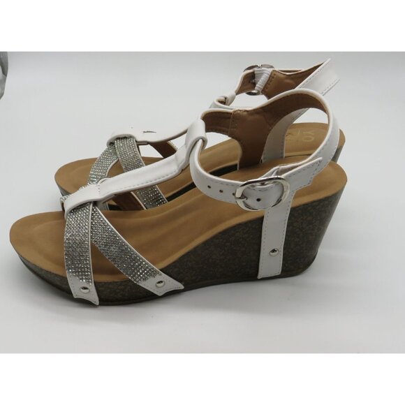 Yoki Women's White Wedge Sandals Rhinestone Straps Buckle Closure Size 10 NEW - Picture 5 of 6